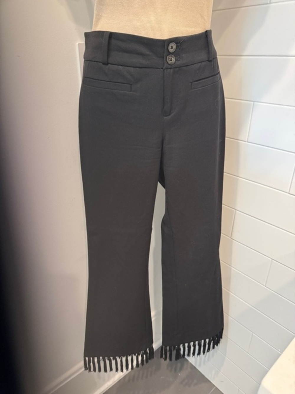 Anthropologie Black Boot‑Cut Fringe Hem Trousers